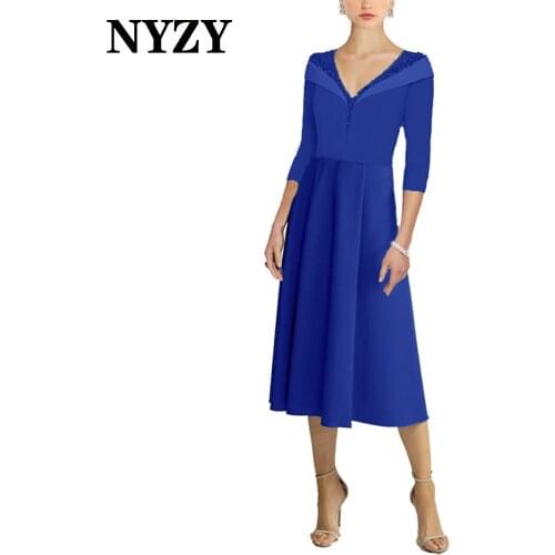 NYZY M351 Elegant Beaded 3/4 Sleeves Blue Satin Short Mother of the Bride Dresses 2021 Wedding Party Dress Formal Evening Gown