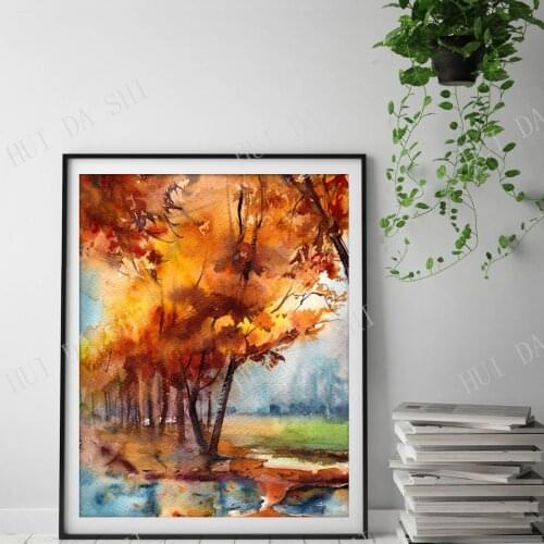 Autumn Trees Landscape Art Print, Autumnal Park Nature Watercolor Print, Landscape Painting Art, Autumnal Bright Wall Art Print