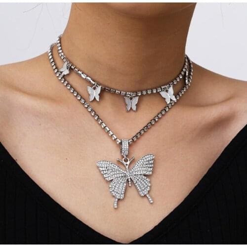 Women Personality Geometric Rhinestone Micro-Inlaid Butterfly Necklace Jewelry