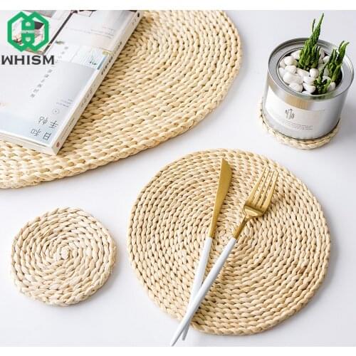 1PC Rattan Placemats Straw Cup Coasters Pad Dining Table Mat Heat Insulation Pot Holder Wicker Drink Coaster Kitchen Accessories