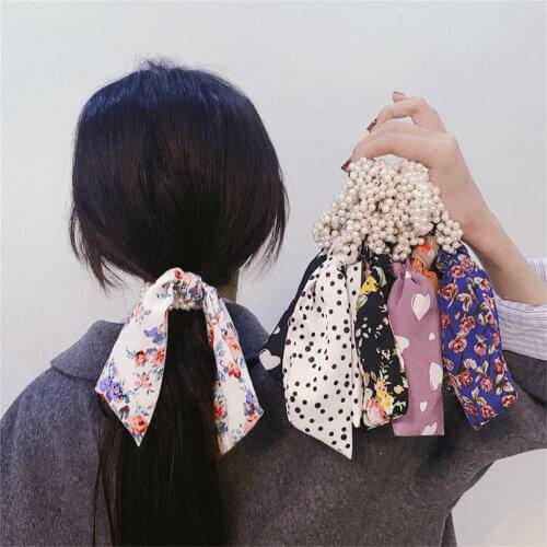 NEW Women Pearl Hair Ties Fashion Ribbon Hairband Scrunchies Girls Ponytail Holders Bow Rubber Band Hair Accessories Headwear