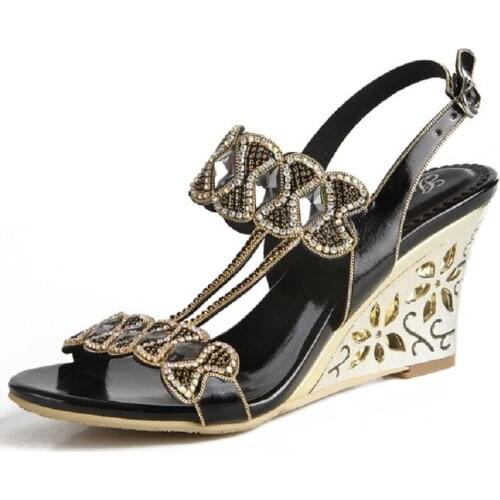 G-sparrow 2018 Summer Peep Toe Casual Sandals Women Rhinestones Wedge High Heels Shoes Green Blue Black Red 8cm