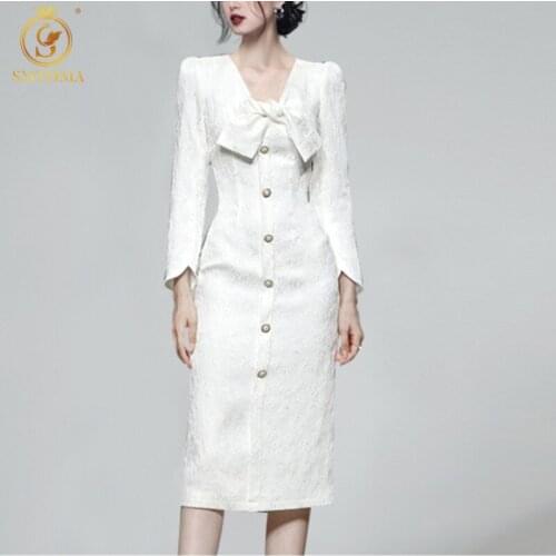 SMTHMA 2021 New Arrival Korean Sweet Slim Dress Womens Long Sleeve Bow V-Neck Single Breasted Jacquard White Dress Vestidos