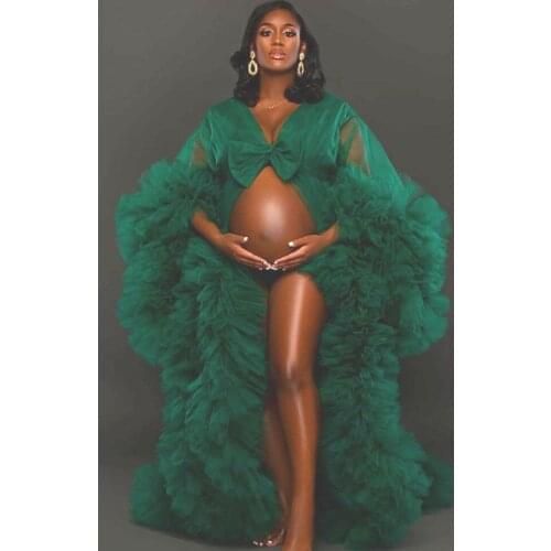 Dark Green Prom Maternity Robes Women Long Tulle Bathrobe Dresses Photo Shoot Birthday Party Bridal Fluffy Party Sleepwear