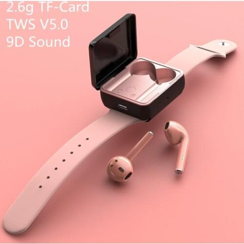 TWS Fingerprint Touch Bluetooth Watchband Earphone 5.0 HIFI 9D Sound Wireless Sport Ruinning in-ear headphones Support TF Card