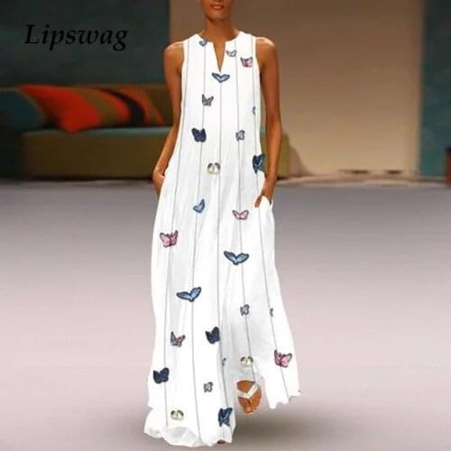 Lipswag Vintage Sleeveless Butterfly Print Dress Women 2019 Summer Pockets Boho Beach Maxi Dress Casual Loose V Neck Dress Femme