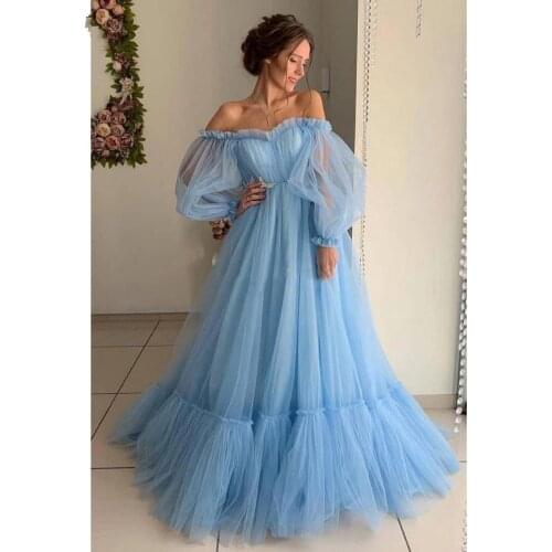 Off Shoulder Long Sleeves Prom Dresses 2020 Zipper Back Floor Length Modern Youth Evening Party Dress Formal Gowns Robe de soire