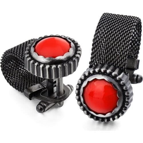 HAWSON Mens Cufflinks with Chain - Red Stone and Black Tone Shirt Accessories Cuff Button Party Gifts for Men