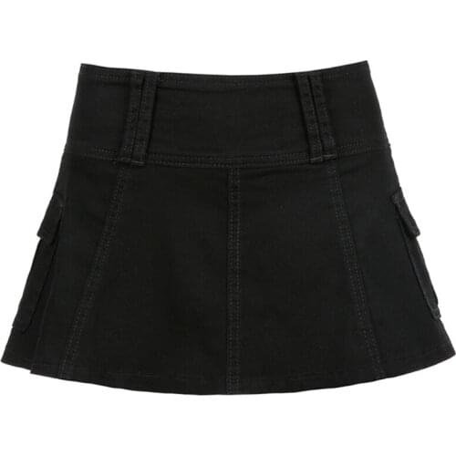 Q1QA Women Gothic Sexy Low Waist Pleated Micro Denim Skirt Harajuku Solid Color A-Line Flare Hem Slim Streetwear with Pockets