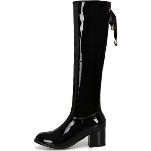 Patent PU Leather Women Knee High Boots Square Heel Women Winter Boots Zipper Ladies Long Boots 2020 New Plus Size 34-43