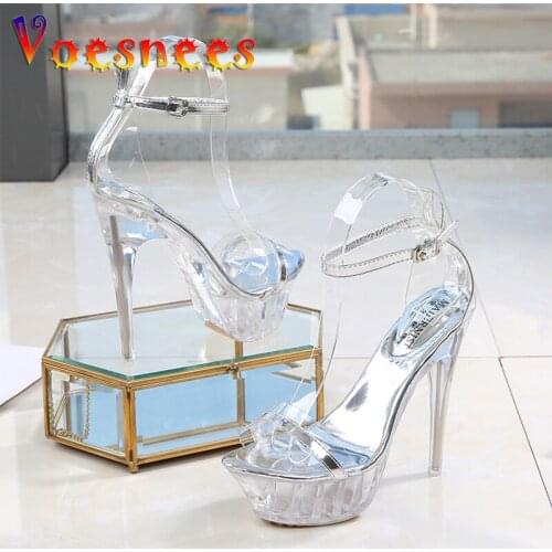 2021 Women Sandals Ultra-High Heel 14CM Transparent Bling Women Shoes Model Catwalk Slides Fitness Contest Platform Stilettos