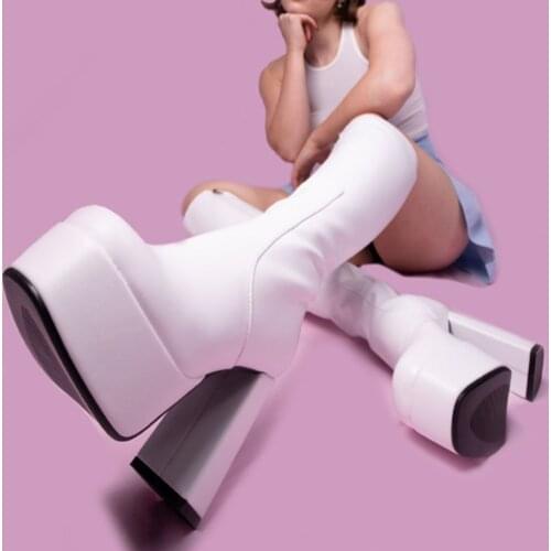 RIBETRINI Brand Round Toe Platform Chunky Mid Calf Boots Women Party Dress Zipper High Heels Elegant Causal Solid Womens Boots