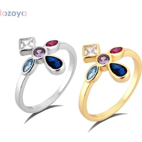 LOZOYA 925 Sterling Silver Five For Euorpean Luxury Color Cross Rings Women Luxury Rainbow Luxury Fashion Fine Jewelry Crystal