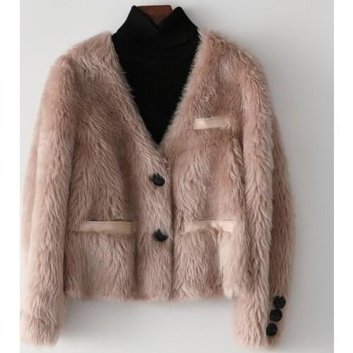 Winter Female Short Cashmere Jacket Slim Women Wool Fur Coat Fashion Simple Multicolor Options Sexy V-Neck Pocket Warm Clothes