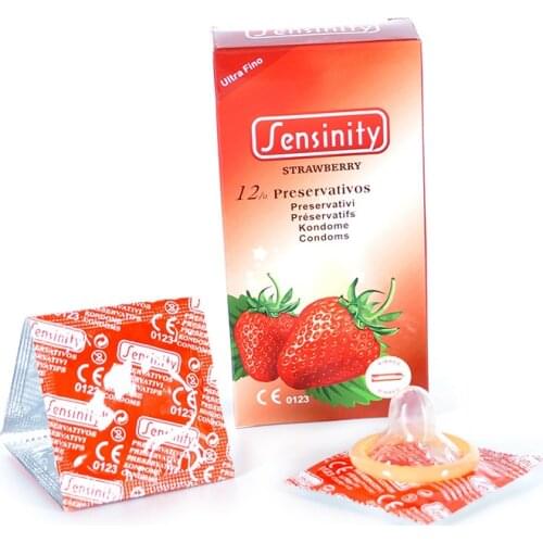 12 Pcs Strawberry Thread Condoms Sex Products G-Spot Vaginal Clitoris Stimulation Condom Men Full Oil Ultra-thin Penis Sleeve