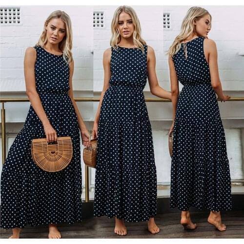 2020 Bobo Women Dark Blue Boho Loose Sleeveless Holiday Dot Print Long Maxi Dress Evening Party Beach Dresses Summer Sundress