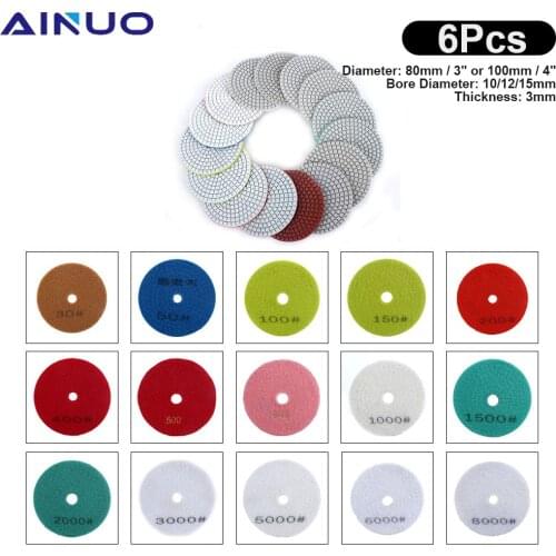 3“4” 6Pcs Diamond Polishing Pads Wet/Dry for Granite Stone Concrete Marble Polishing Use Grinding Discs Set