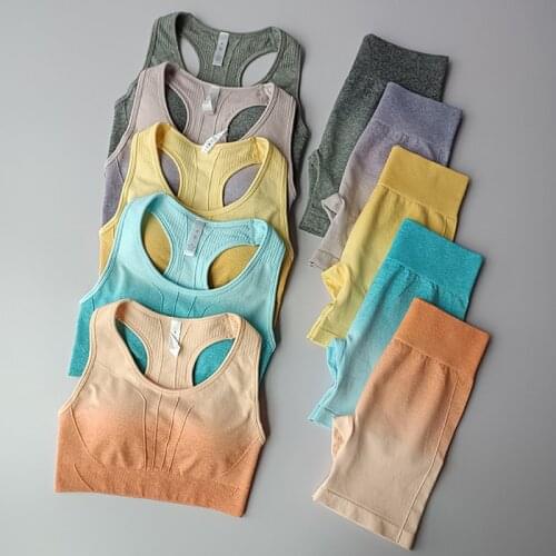 2PCS Ombre Seamless Yoga Set Women Sportwear Sports Bra+High Waist Fitness Shorts Running Gym Clothing Workout Sports Suit