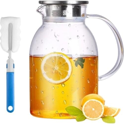 Large Glass Water Jug With Stainless Steel Lid Iced Tea Pot Juice Carafe Heat Resistant Kettle Beverage Container 2200ml