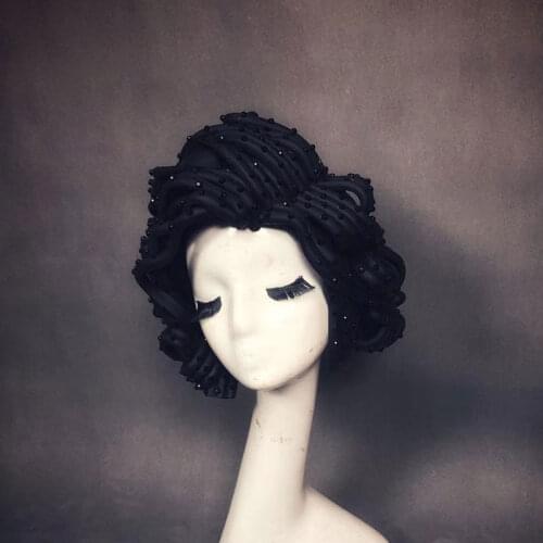 Handmade black vintage rhinestone wig bar nightclub DJ DS GOGO dance outfit wig headdress burning man outfit carnival costume