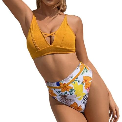 Women’s 2Pcs Bikini Suit, Solid Color Deep V-neck Hollowed Tank Tops with Printed High Waist Triangle Bottoms