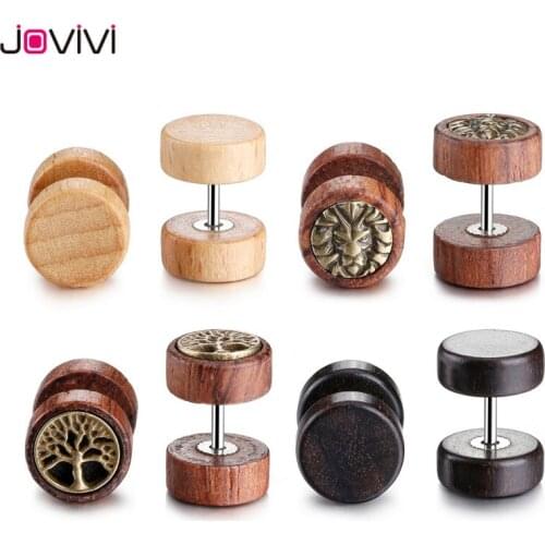 JOVIVI 4pcs-8pcs Sono Natural Wood Fake Illusion Ear Pierces Plugs Earrings Studs Natural Organic Retro Fake Cheater Studs Plugs