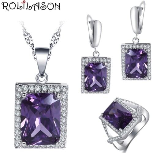 ROLILASON Engagement gift For girl purple Zircon Square Design 925 Silver Stamped Earrings Necklace Rings Jewelry Sets JS751