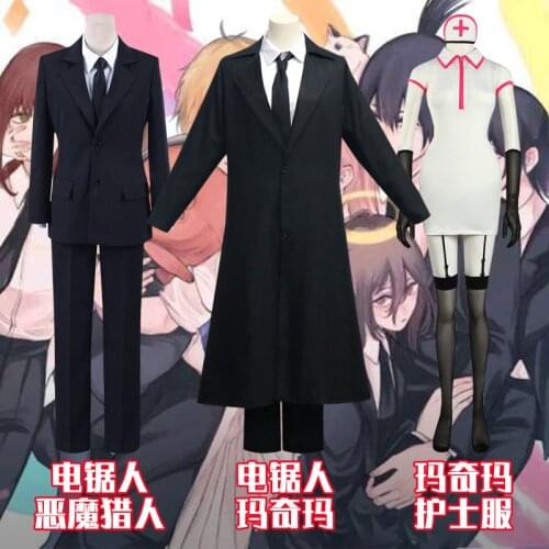 Anime Chainsaw Man Makima Cosplay Costume Black Trench Shirt Tie Pants Makima Wig Long Light Red Braid Women Suit Uniform Adults