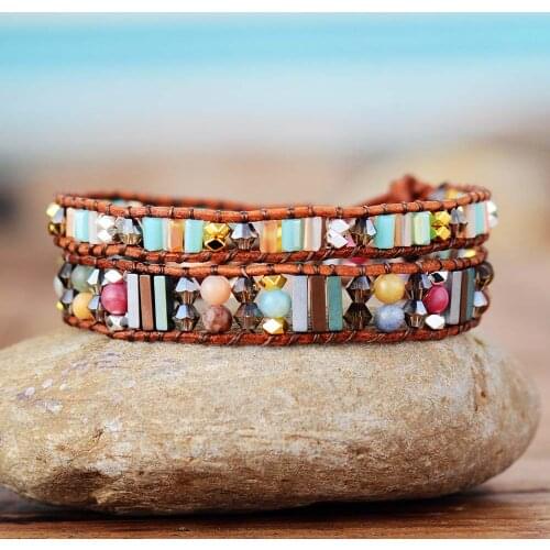 Exclusive Leather Boho Wrap Bracelets W/ Stones Crystal Beads 2 Strands Cuff Bracelet Vitange Bangle Bracelet Dropshipping