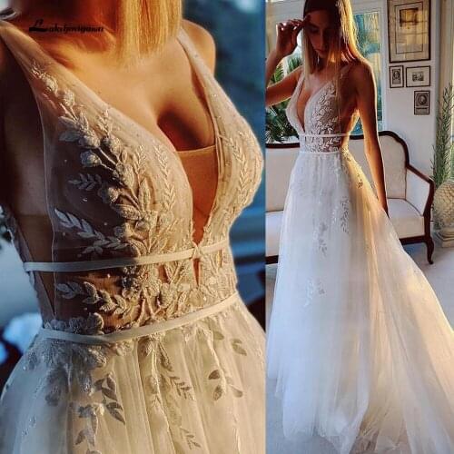 Ivory Lace Tulle Beading V-Neck Bridal Gowns Floor-Length A-Line Wedding Dresses Court Train Custom Made abiti da sposa