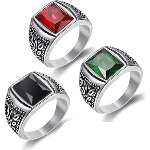 Megin D Simple Style Tulips Red Black and Green Gems Titanium Steel Mens Rings for Men Father Lover Friend Fashion Gift Jewelry
