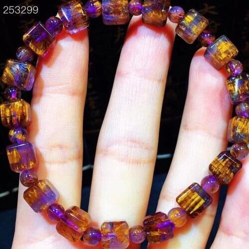 Natural Cacoxenite Purple Gold Rutilated Quartz Bracelet 7*7mm Women Men Clear Cube Round Beads Genuine AAAAAA