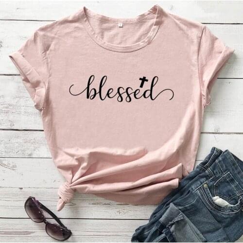 Blessed Cross Printed New Arrival Womens Funny Casual 100%Cotton T-Shirt Christian Shirt Easter Tees Jesus Faith Shirts