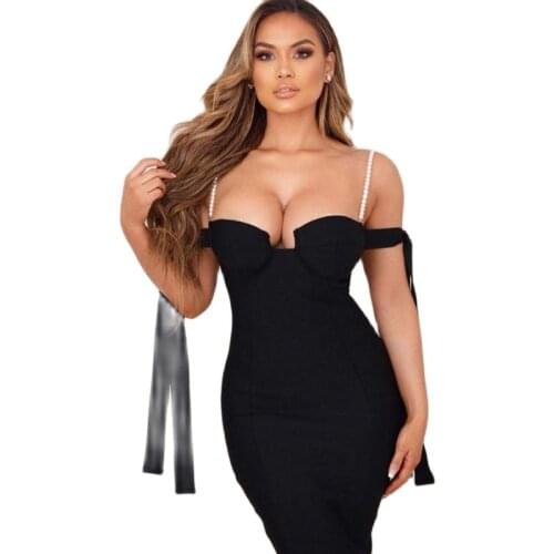 2021 Spaghetti Strap Solid Women Bandage Dresses Hollow Out Sleeveless Mid-Calf V-Neck Night Club Party Fashion Dresses