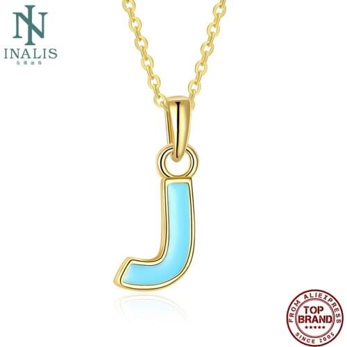 INALIS 26 Letters Series Necklace For Women Simple Style Gold Plated Light Blue Letter J Shape Pendent Necklace Fashion Jewelry