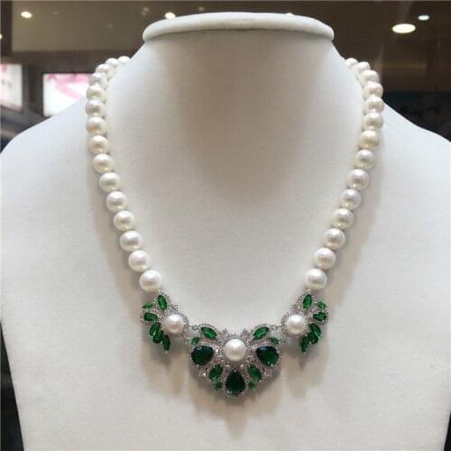 Hand knotted natural 8-9mm white freshwater pearl micro inlay zircon accessories necklace fashion jewelry