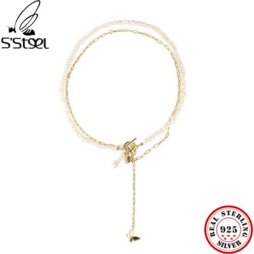 SSTEEL Freshwater Pearl Necklace Womens 925 Sterling Silver Gold Chain Butterfly Double Layer Clavicle Necklaces Fine Jewelry