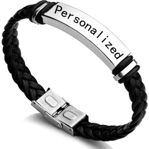 Personalized Mens Leather Bracelets Stainless Steel ID Bar Custom Name Date Logo Engrave Bangle & Bracelet Male Jewelry