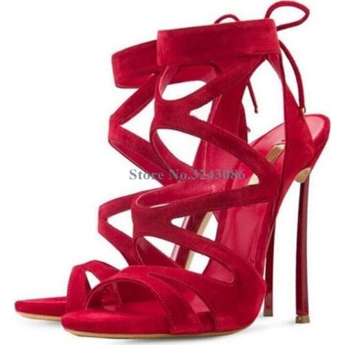 Rose Red Suede Stiletto Heel Sandals Open Toe Hollow Out Metal Thin High Heel Women Sandal Sexy Back Lace Up Summer Women Shoes