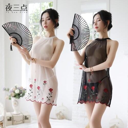 Sexy Lingerie Rose Lovers Embroidered Transparent Slip Nightdress Pajamas Backless Nightclub Stage Costume Cute Erotic