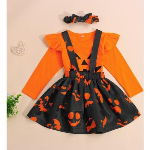 Stylish Sweet Cute Girls Halloween Clothes Set Long Sleeve O-neck T-shirt+Short Suspender Skirt+Bow-knot Headband