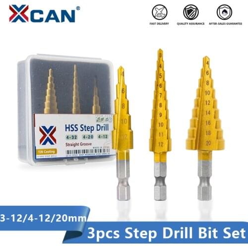 XCAN Step Drill Bit 3PCS 3-12 4-12/20 Titanium Coating HSS Drill Bit for Wood Metal Hole Cutting Hex Shank Cone Drill
