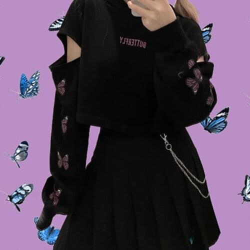 Spring and autumn pullover hooded long-sleeved retro for female students Korean Harajuku loose butterfly print cropped Tops