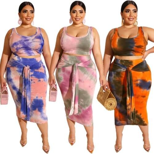 Woman Sexy Tight Fitting Tie Dye Printing Plus Size Two Piece Suit Summer Slim Oversize Long Skirt Set Female Sling Clothing Set