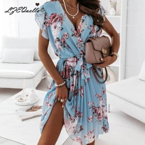 Women Summer Floral Print Boho Dress Short Sleeve V Neck Ruffles Sashes Dresses Party Holiday Sundress Vestidos NZ3828