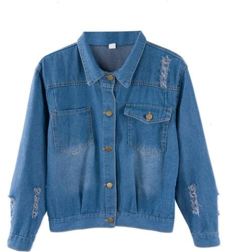 Neate kiddie Spring Autumn Vintage Basic Casual Denim Coat Women Jacket Single Breasted Hole Pockets Slim Outwear