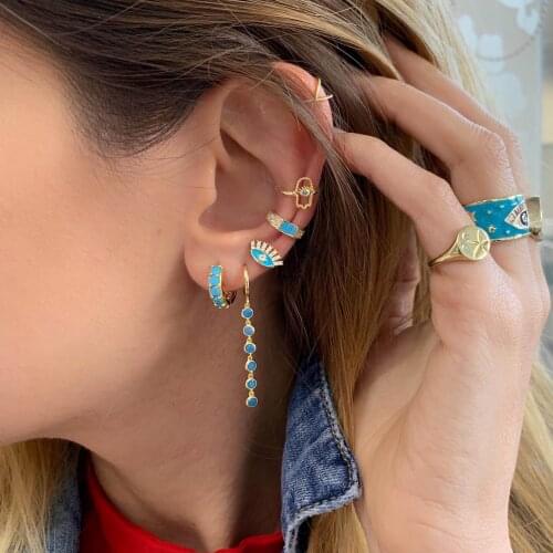 1 PIECE Gold filled micro pave turquoises stone with white white zirconia turkish evil eye hamsa hand ear cuff clip on earring