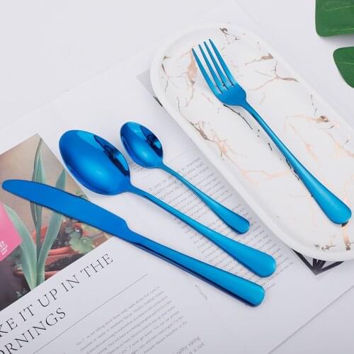 4Pcs Glossy Blue Stainless Steel Cutlery Dinnerware Tableware Flatware Set Forks Knives Spoons Set Home Party Wedding Silverware
