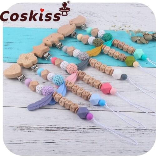 Coskiss Baby Pacifier Chain Silicone Beads Wooden Holder Soother Pacifier Clips Nipple Holder for Infant Nipple Clip Chain