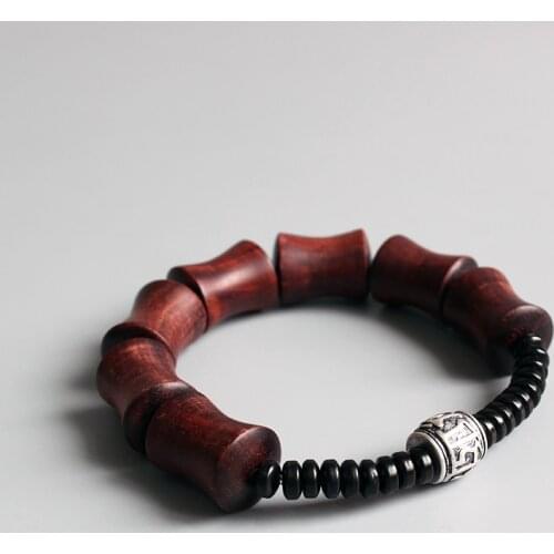 Eastisan Ethnic Natural Red Sander Wood & Coconut Shell With Om Mani Padme Hum Charm Bracelets For Men Tibetan Stretch Bracelet